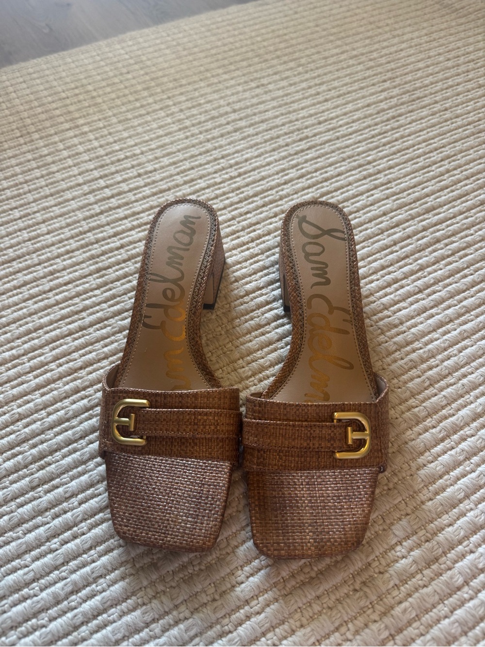 Sam Edelman Tan Woven Slide Heels with Gold Buckle - Picture 3 of 4